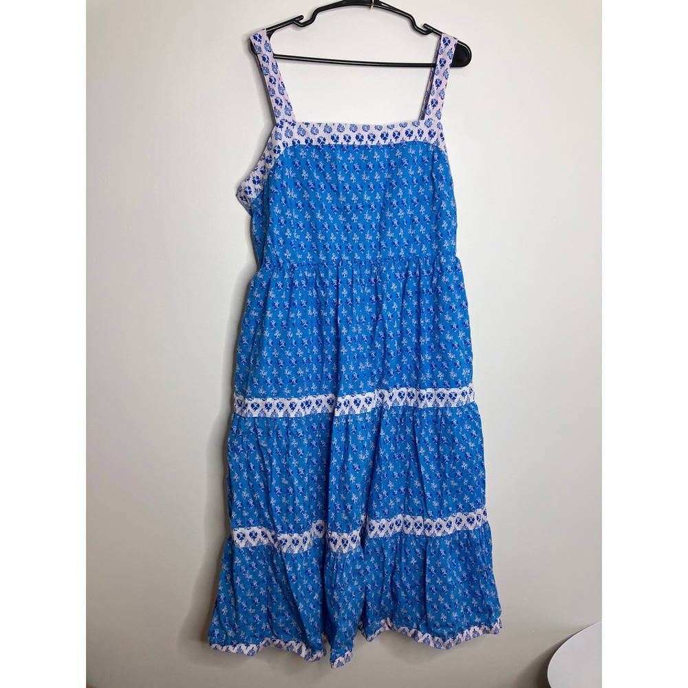 J.Crew Tiered Midi Dress Womens 16 Blue Floral Good Smocked Cotton Pockets